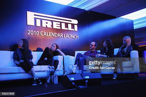 Georgina Storilijtoric, Lily Cole, Terry Richardson, Daisy Lowe and Meloes Horst watch a presentation during the 2010 Pirelli Calendar Launch press...