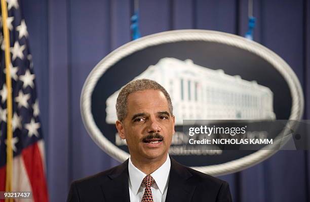 Attorney General Eric Holder holds a press conference to announce that five men accused of the September 11 attacks will be tried in a New York...