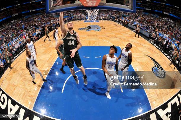 Tyler Zeller of the Milwaukee Bucks shoots the ball against the Orlando Magic on March 14, 2018 at Amway Center in Orlando, Florida. NOTE TO USER:...