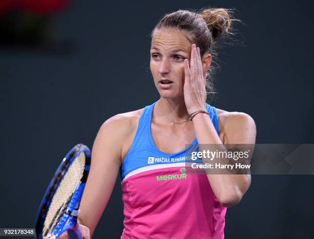 Karolina Pliskova of the Czech Republic reacts after a lost point to Naomi Osaka of Japan during the BNP Paribas Open at the Indian Wells Tennis...