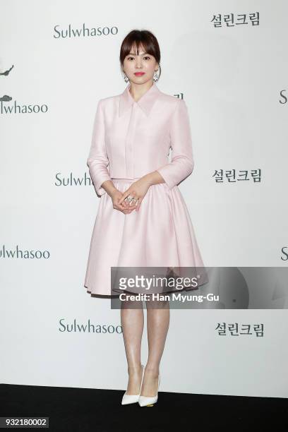 South Korean actress Song Hye-Kyo attends the photocall for launch of the AMORE PACIFIC 'Sulwhasoo' Bloomstay Vitalizing on March 15, 2018 in Seoul,...
