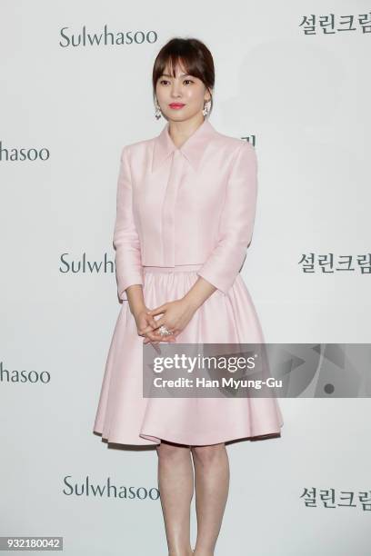 South Korean actress Song Hye-Kyo attends the photocall for launch of the AMORE PACIFIC 'Sulwhasoo' Bloomstay Vitalizing on March 15, 2018 in Seoul,...