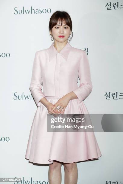 South Korean actress Song Hye-Kyo attends the photocall for launch of the AMORE PACIFIC 'Sulwhasoo' Bloomstay Vitalizing on March 15, 2018 in Seoul,...