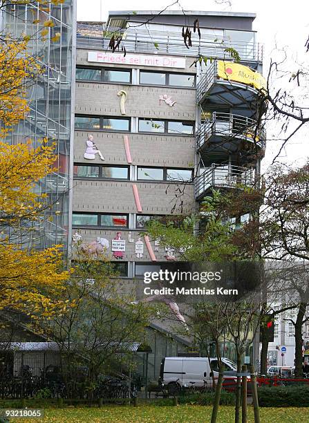 Cartoon mural shows BILD Editor in Chief Kai Diekmann at the building of left winged newspaper TAZ in a pornographic pose with a huge penis on...