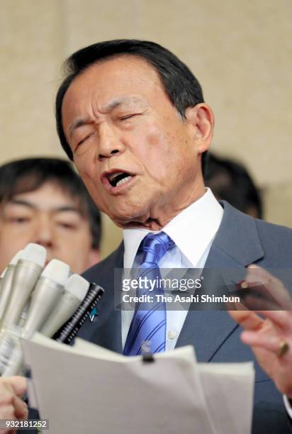 Finance Minister Taro Aso responds to questions about altered documents at the ministry on March 12, 2018 in Tokyo, Japan. The Finance Ministry...