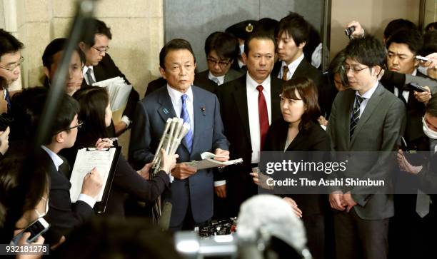 Finance Minister Taro Aso responds to questions about altered documents at the ministry on March 12, 2018 in Tokyo, Japan. The Finance Ministry...