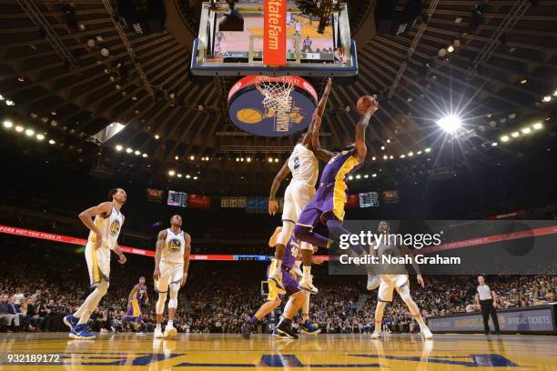 Derrick Williams of the Los Angeles Lakers handles the ball against the Golden State Warriors on March 14, 2018 at ORACLE Arena in Oakland,...