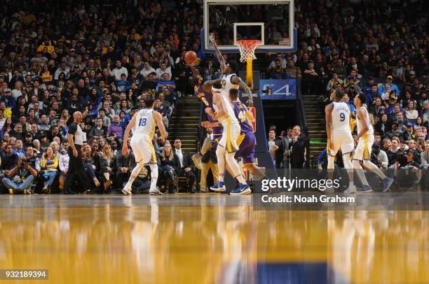 Derrick Williams of the Los Angeles Lakers handles the ball against the Golden State Warriors on March 14, 2018 at ORACLE Arena in Oakland,...