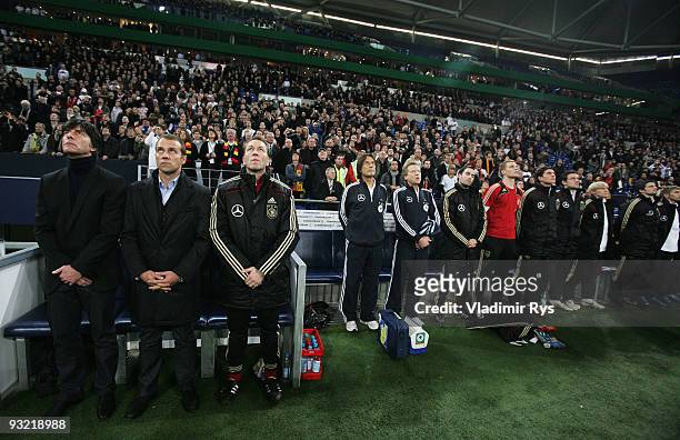 Head coach Joachim Loew, assistant coach Hansi Flick and goalies coach Andreas Koepke of Germany are pictured ahead the International friendly match...