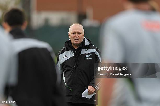 Graham Henry, the New Zealand head coach talks to his team during the All Blacks training session held at Latymers School on November 19, 2009 in...