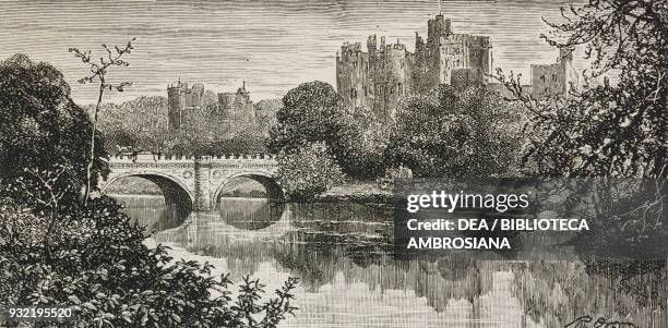 The Lion Bridge, Alnwick Castle, United Kingdom, illustration from the magazine The Graphic, volume XXX, no 767, August 9, 1884.