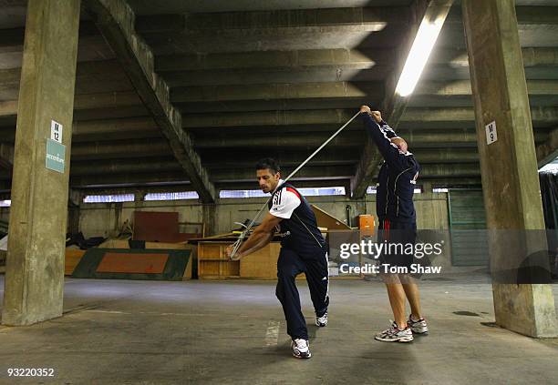 Sajid Mahmood of England warms up in the car park next to the indoor nets during the England nets session at the Wanderers Stadium on November 19,...