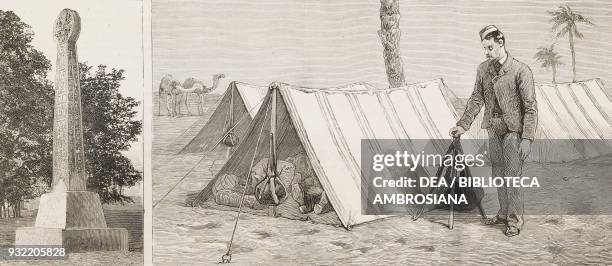 The St Augustine's Cross erected in 1884 by Lord Granville at Ebbsfleet, Isle of Thanet, United Kingdom, 2 Shelter tents for the Camel Corps, the...