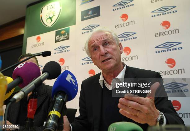 Ireland coach Giovanni Trapattoni speaks to the media during a press conference at the FAI Headquarters in Abbottstown, Dublin, Ireland November 19,...