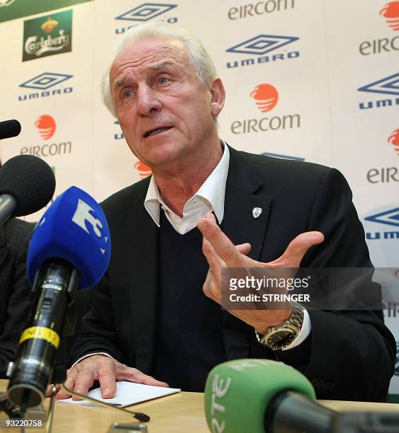 Ireland coach Giovanni Trapattoni speaks to the media during a press conference at the FAI Headquarters in Abbottstown, Dublin, Ireland November 19,...
