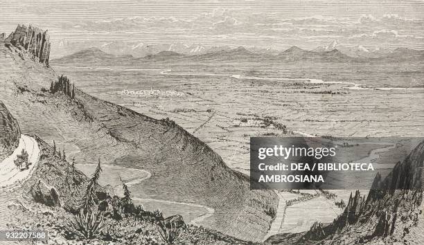 Glimpse at the Canterbury Plains from Lyttelton Hills, Christchurch in the distance, Canterbury Region, South Island, New Zealand, engraving,...