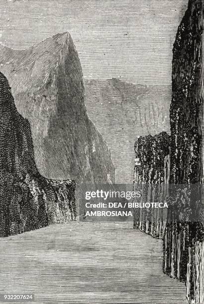 Entrance to Milford Sound and Mount Kimberley, Southland Region, South Island, New Zealand, engraving, illustration from the magazine The Graphic,...