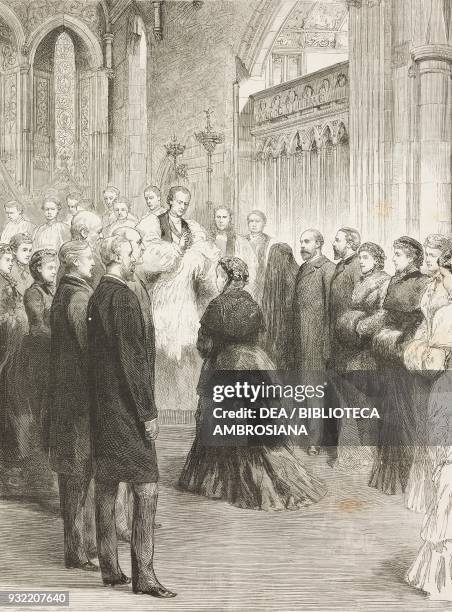 Queen Victoria at the Public Christening of her grandson Prince Charles Edward, son of the Duke of Albany, in the church of Esher, United Kingdom...