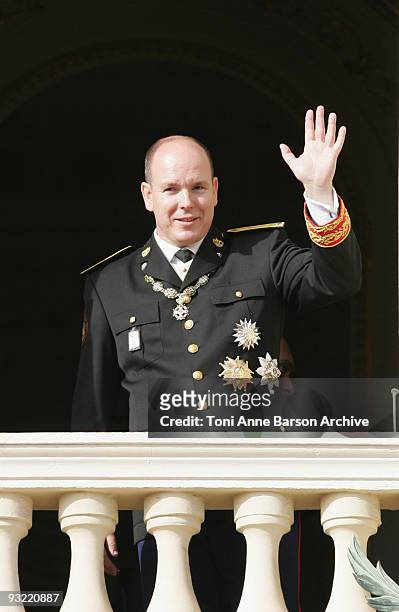 Prince Albert II of Monaco waves from the Palace after the Mass on November 19, 2009 in Monaco.