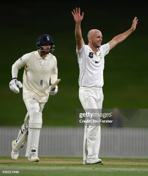 England batsman James Vince reacts after being dismissed by Seth Rance during day two of the Test warm up match between England and New Zealand...