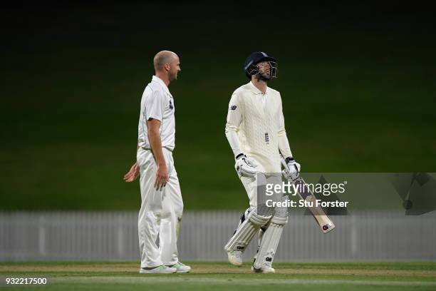 England batsman James Vince reacts after being dismissed by Seth Rance during day two of the Test warm up match between England and New Zealand...