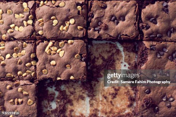 high angle view of homemade chocolate brownies - brownie stockfoto's en -beelden