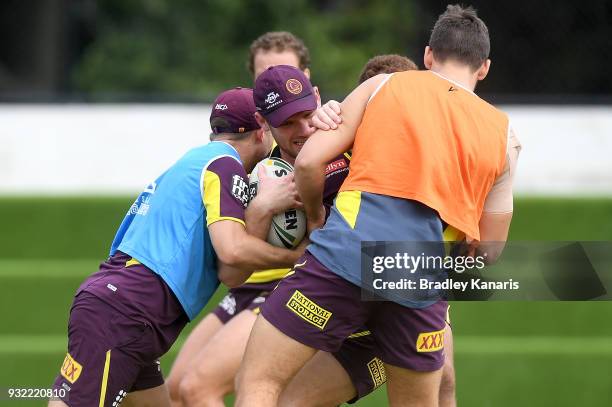 Matt Lodge takes on the defence during the Brisbane Broncos NRL training session on March 15, 2018 in Brisbane, Australia.