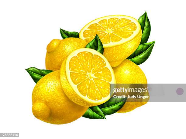 ilustraciones, imágenes clip art, dibujos animados e iconos de stock de lemon three with halves - fruit illustration