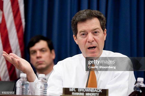 Senator Sam Brownback, a Republican from Kansas, speaks at a joint Economic Committee hearing on financial regulatory overhaul in Washington, D.C.,...