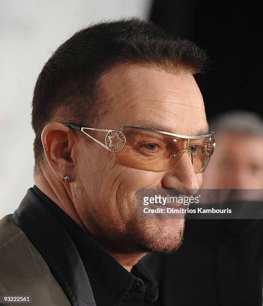 Musician Bono attends the 2009 Robert F. Kennedy Center Ripple of Hope Awards dinner at Pier Sixty at Chelsea Piers on November 18, 2009 in New York...