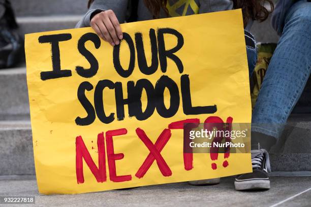 Students participate in a protest against gun violence. Los Angeles, California on March 14, 2018. Students across the US walked out of classes to...