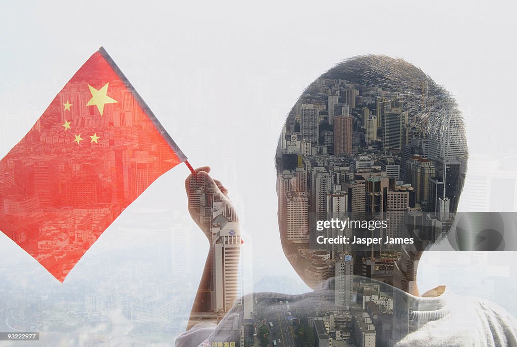 Boy with Chinese flag, double exposure