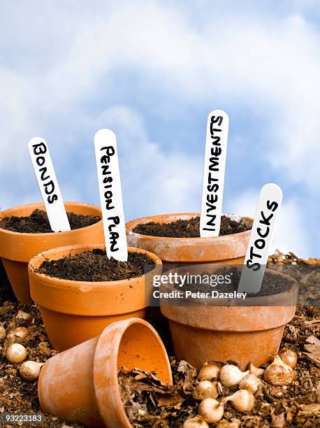 flowerpots with investment labels. - parsons green stockfoto's en -beelden