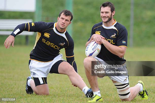 Bismark du Plessis and Danie Rossouw of South Africa in action during the Springboks training session at Udine rugby club on November 19, 2009 in...