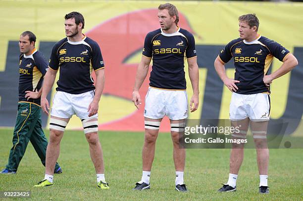 Danie Rossouw, Andries Bekker and Bakkies Botha of South Africa in action during the Springboks training session at Udine rugby club on November 19,...