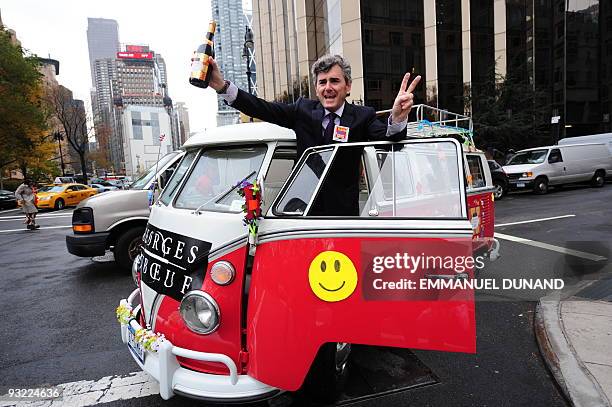 French wine manufacturer Frank Duboeuf presents the Beaujolais Nouveau on the theme of "Peace, Love and Beaujolais Nouveau", during Beaujolais...