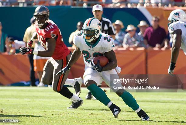 Ronnie Brown of the Miami Dolphins carries the ball during a NFL game against the Tampa Bay Buccaneers at Land Shark Stadium on November 15, 2009 in...