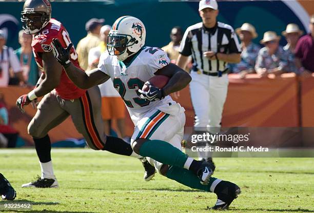 Ronnie Brown of the Miami Dolphins carries the ball during a NFL game against the Tampa Bay Buccaneers at Land Shark Stadium on November 15, 2009 in...