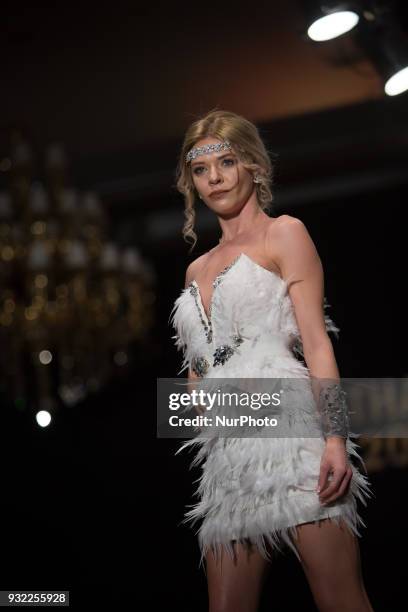 Model walking the runway during the Golden Needle Ceremony 2018 in Sofia, Bulgaria on March 14th, 2018. The Bulgaria Fashion Academy awarded the...