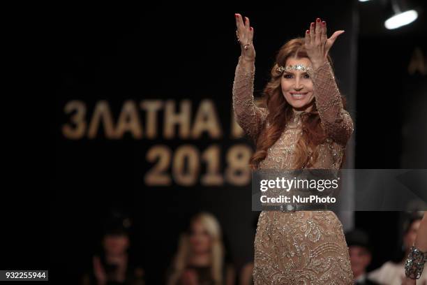 Singer Essil Duran walking the runway during the Golden Needle Ceremony 2018 in Sofia, Bulgaria on March 14th, 2018. The Bulgaria Fashion Academy...