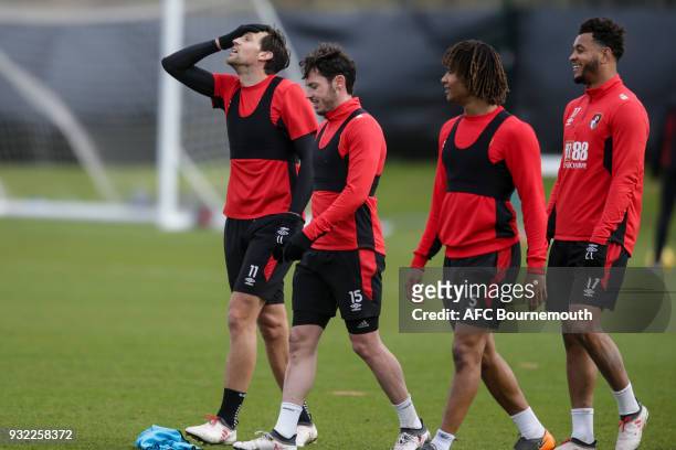 Charlie Daniels, Adam Smith, Nathan Ake and Joshua King of Bournemouth during an AFC Bournemouth training session at Vitality Stadium on March 14,...