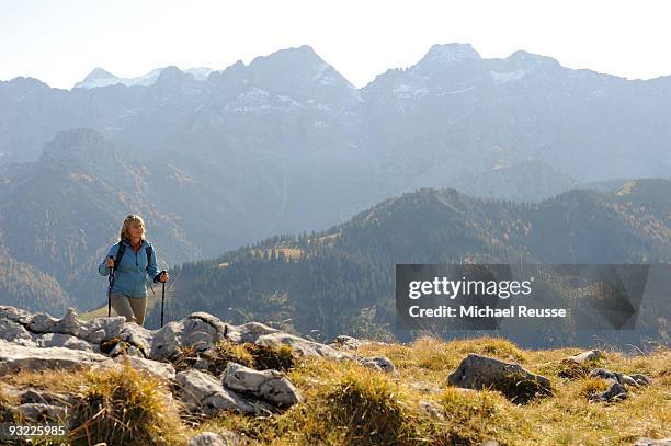 austria, karwendel, rissbachtal, woman nordic walking - hiking across the karwendel mountain range stock pictures, royalty-free photos & images