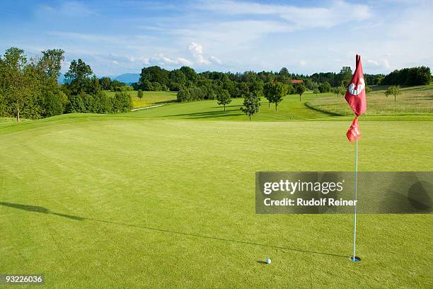 germany, bavaria, golf green with flag - golfvlag stockfoto's en -beelden