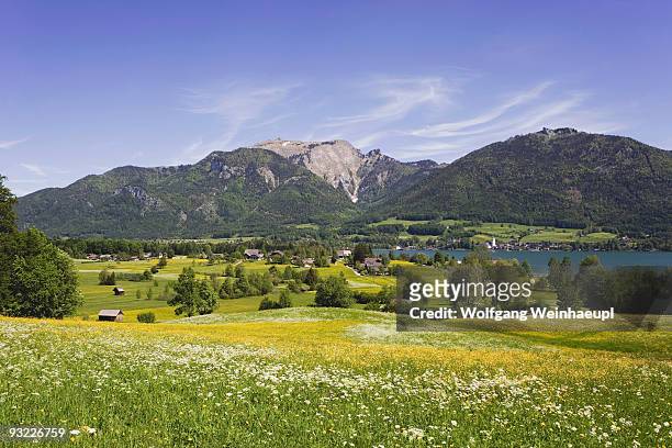 austria, lake wolfgangsee, schafberg mountain in background - wolfgangsee stock pictures, royalty-free photos & images