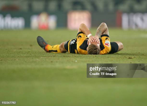 Marcel Franke of Dresden on the ground during the Second Bundesliga match between SG Dynamo Dresden and SV Darmstadt 98 at DDV-Stadion on March 2,...