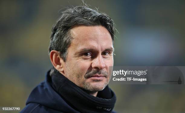 Head coach Dirk Schuster of Darmstadt looks on prior to the Second Bundesliga match between SG Dynamo Dresden and SV Darmstadt 98 at DDV-Stadion on...