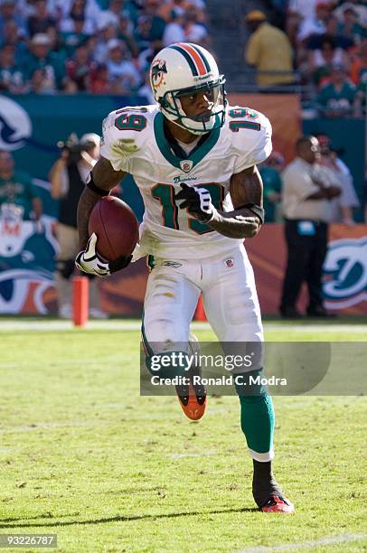 Ted Ginn, Jr. #19 of the Miami Dolphins carries the ball during a NFL game against the Tampa Bay Buccaneers at Land Shark Stadium on November 15,...