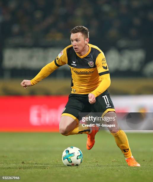 Haris Duljevic of Dresden controls the ball during the Second Bundesliga match between SG Dynamo Dresden and SV Darmstadt 98 at DDV-Stadion on March...