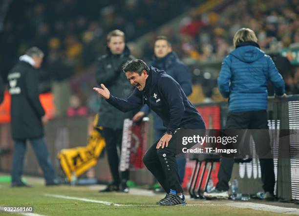 Head coach Dirk Schuster of Darmstadt gestures during the Second Bundesliga match between SG Dynamo Dresden and SV Darmstadt 98 at DDV-Stadion on...