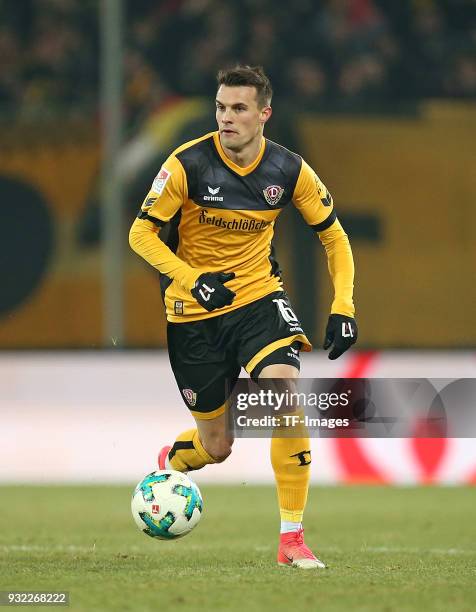 Philip Heise of Dresden controls the ball during the Second Bundesliga match between SG Dynamo Dresden and SV Darmstadt 98 at DDV-Stadion on March 2,...